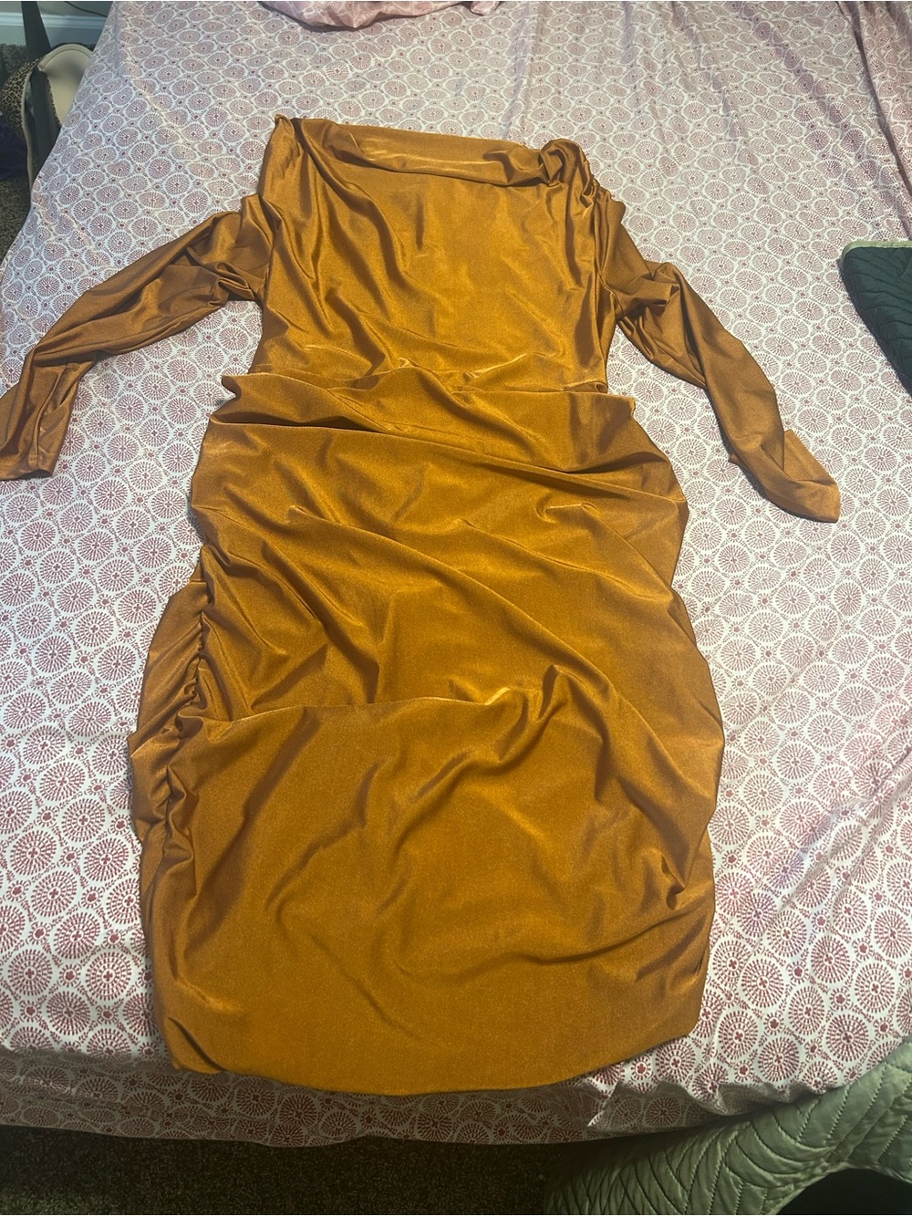SHEIN Metallic Copper Long Sleeve Off-Shoulder Ruched Dress